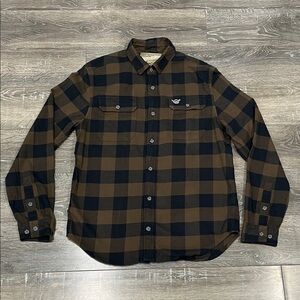 Moosejaw Men's Brown and Black Plaid Shirt Size Medium